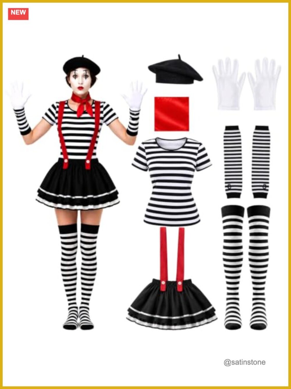 Mime Costume Set Beret Striped Shirt Skirt Scarf Gloves Cosplay